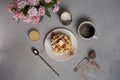 Top view of tasty Waffles Plate, Caramel Sauce, Coffee Cup, Milk, dessertspoon