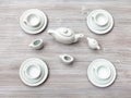 Top view of tea set on gray brown table Royalty Free Stock Photo