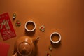 Top view of tea set and traditional chinese decorations Royalty Free Stock Photo