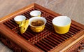 Top view tea set wooden table for tea ceremony. Royalty Free Stock Photo