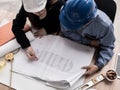 Top view teamwork concept, Engineer and workers discussing project of new building. ,Team of architects Asian people in group on Royalty Free Stock Photo