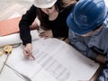 Top view teamwork concept, Engineer and workers discussing project of new building. ,Team of architects Asian people in group on Royalty Free Stock Photo