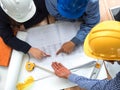 Top view teamwork concept, Engineer and workers discussing project of new building. ,Team of architects Asian people in group on Royalty Free Stock Photo