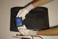 Top view. Technician changing hard disk, SSD, high speed hard disk