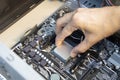 top view technician inserting cpu, computer assembler