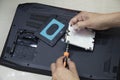 Top view, technician wearing Hard disk, computer repair