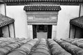 Top view of a temple's roof tiles and an entrance. Tongli. China. Royalty Free Stock Photo