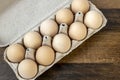 Top view, ten chicken eggs in a cardboard tray on the table. Royalty Free Stock Photo