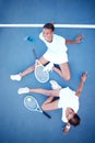 Top view, tennis and women relax, motivation and training for competition, workout and wellness. Female players