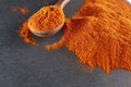 Texture background. Red chilli pepper powder mixed with wooden spoon. Top view Royalty Free Stock Photo