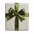 Top View of Textured Silver Gift Box with Shiny Green Bow Isolated Royalty Free Stock Photo