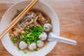 Top view of Thai Chinese Soup Noodle with beef meat ball Royalty Free Stock Photo