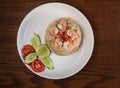 Top view Thai food shrimp fried rice on wooden table