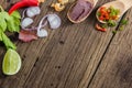 Top view of thai spicy shrimp paste ingredients on wooden background Royalty Free Stock Photo