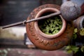 Top view of thailand clay pot in home garden decoration Royalty Free Stock Photo