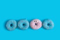 Top view of three blue and one pink donut on a blue background  - the concept of diversity Royalty Free Stock Photo