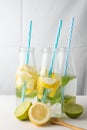 Top view of three bottles with blue straw, water and lemon, lime and mint slices, on white table with half lemons and wooden spoon