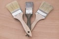 Top view of three brushes on a wooden table