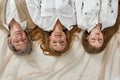 Top view of three generations of women sleep see dreams