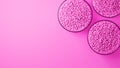 Top view on three glass cups with pink plastic polypropylene granules, masterbatch polymer grain, on pink backdrop. HDPE Royalty Free Stock Photo