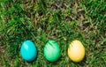 Top view of three multicolored Easter eggs lined up against a background of grass. Flat style, Easter holiday concept Royalty Free Stock Photo