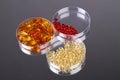 Top view three petri dishes with vitamin pills. Royalty Free Stock Photo