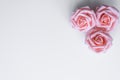 Top view of three pink roses arranged as a decor with copy space, for valentines or mothers day