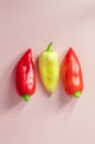 Top view of three sweet peppers of different colors, which lie in the center Royalty Free Stock Photo