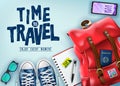 Top View Time to Travel 3D Realistic Banner with Travel Items Such as Red Backpack, Sunglasses, Mobile Phone