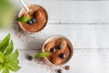 Top view of tiramisu dessert with blueberries, mint in white jar on grey background. Flat lay concept. Copy space Royalty Free Stock Photo