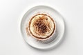 Top View Tiramisu On White Round Plate On White Background. Generative AI