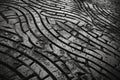 Top view of tire texture tracks on black ground