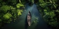 Top view to abandoned boat on the river in the forest or jungle