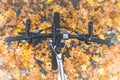 Top view to bicycle handlebar against the background of a forest road covered with autumn yellow leaves Royalty Free Stock Photo