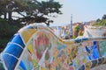 Top view to the city and part of mosaic bench in Park Guell Barcelona Spain.