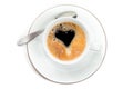 Top view to cup of fresh brewed espresso with creama in form of