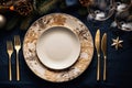 Top view to empty plate on navy blue table with Christmas decorations. Christmas, New Year background Royalty Free Stock Photo