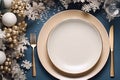 Top view to empty plate on navy blue table with Christmas decorations. Christmas, New Year background Royalty Free Stock Photo