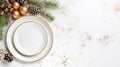 Top view to empty white plate with Christmas decorations on white marble table. Christmas, New Year background Royalty Free Stock Photo