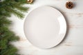 Top view to empty white plate on wooden table. Christmas, New Year background Royalty Free Stock Photo