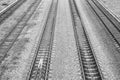 Top view to railway tracks close-up. Black and white photo. Royalty Free Stock Photo