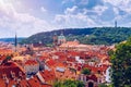 Top view to red roofs skyline of Prague city, Czech Republic. Aerial view of Prague city with terracotta roof tiles, Prague, Royalty Free Stock Photo