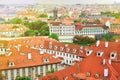 Top view to red tile roofs of Prague city Czech republic. Typical Prague houses Royalty Free Stock Photo