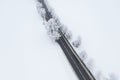 Top view to wood from bird`s eye. Amazing winter scene. Christmas theme. Winter background Royalty Free Stock Photo