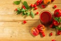 Top view, Tomato juice in clear glass On the wooden table Decorate with small and large fruits