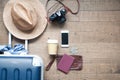 Top view tourist`s accessories with smartphone and money. Travel lifestyle