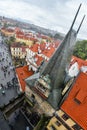 Top view on tourists, ancient roofs and the Charles Bridge, Prague, Czech Republic