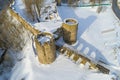 Top view of the towers of the ancient Koporye fortress shooting from a quadrocopter. Leningrad region, R Royalty Free Stock Photo