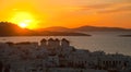 Top view of the town of Mykonos at sunset. Greece.