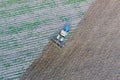 Top view of the tractor that plows the field. disking the soil. Soil cultivation after Royalty Free Stock Photo